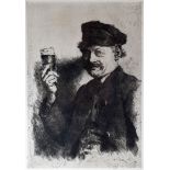 WILHELM LEIBL (1844-1900) black and white print - a continental male holding a drinking glass, 21