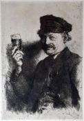 WILHELM LEIBL (1844-1900) black and white print - a continental male holding a drinking glass, 21