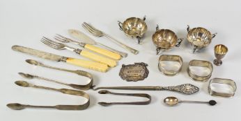 A PARCEL OF MIXED SILVER & part silver items, including set of three silver salts, a Whisky label,
