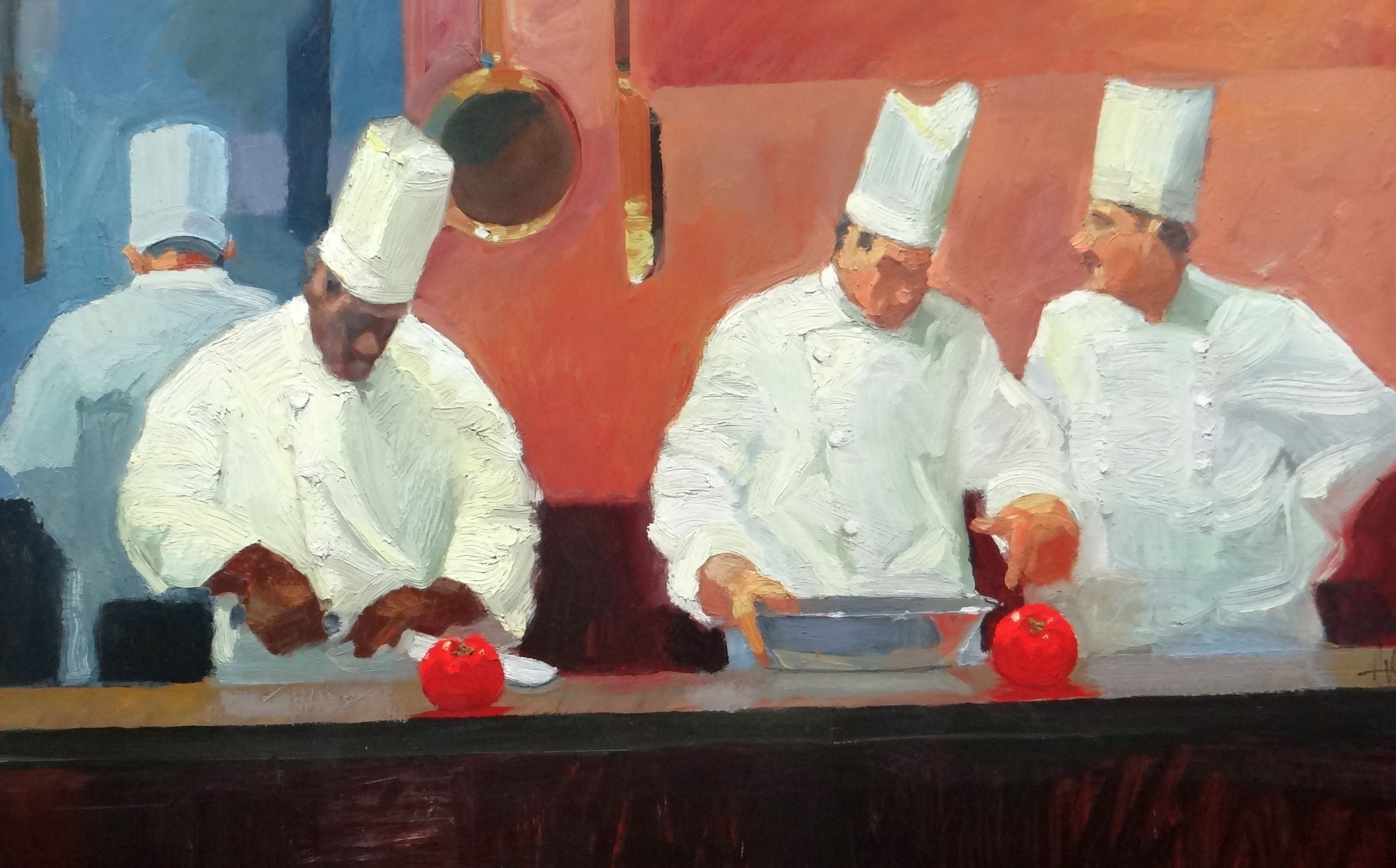 KEN AUSTER (American b.1949) giclee canvas print - group of chefs preparing food, 88 x 133cms