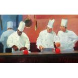 KEN AUSTER (American b.1949) giclee canvas print - group of chefs preparing food, 88 x 133cms