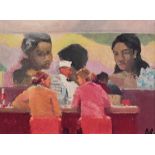 KEN AUSTER (American b.1949) giclee canvas print - females in conversation at restaurant counter,