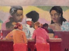 KEN AUSTER (American b.1949) giclee canvas print - females in conversation at restaurant counter,