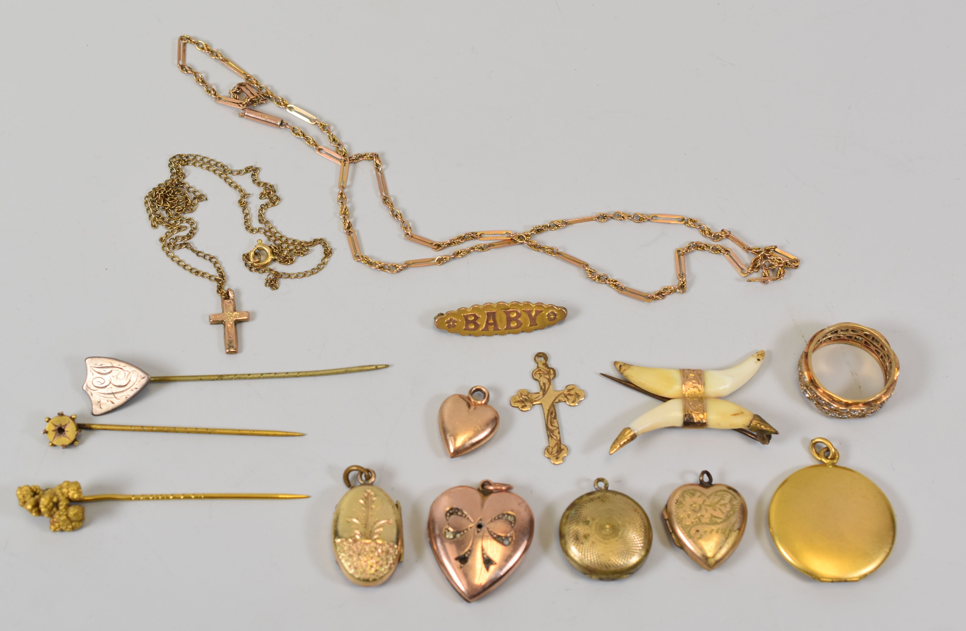 A PARCEL OF GOLD / PART GOLD JEWELLERY ITEMS ETC including fine 9ct necklace, believed natural