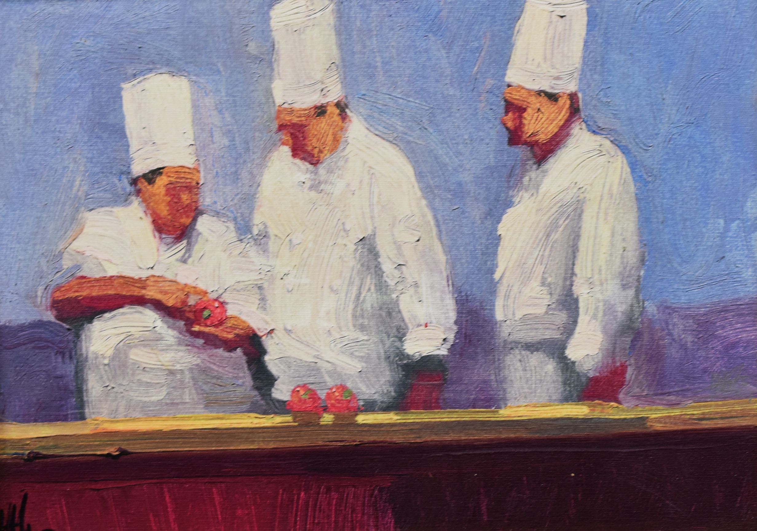 KEN AUSTER (American b.1949) giclee canvas print - three chefs preparing food, signed, 30 x 40cms