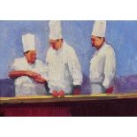 KEN AUSTER (American b.1949) giclee canvas print - three chefs preparing food, signed, 30 x 40cms