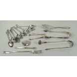 A PARCEL OF SILVER FLATWARE ETC including Georgian tea-spoons, two pairs of tongs, silver snuff box,