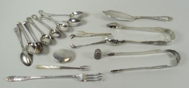 A PARCEL OF SILVER FLATWARE ETC including Georgian tea-spoons, two pairs of tongs, silver snuff box,