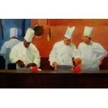 KEN AUSTER (American b.1949) giclee canvas print - a group of chefs preparing food, 88 x 133cm