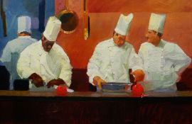 KEN AUSTER (American b.1949) giclee canvas print - a group of chefs preparing food, 88 x 133cm
