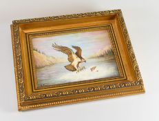 A ROYAL WORCESTER PLAQUE BY M POWELL of an eagle catching a leaping salmon, signed with