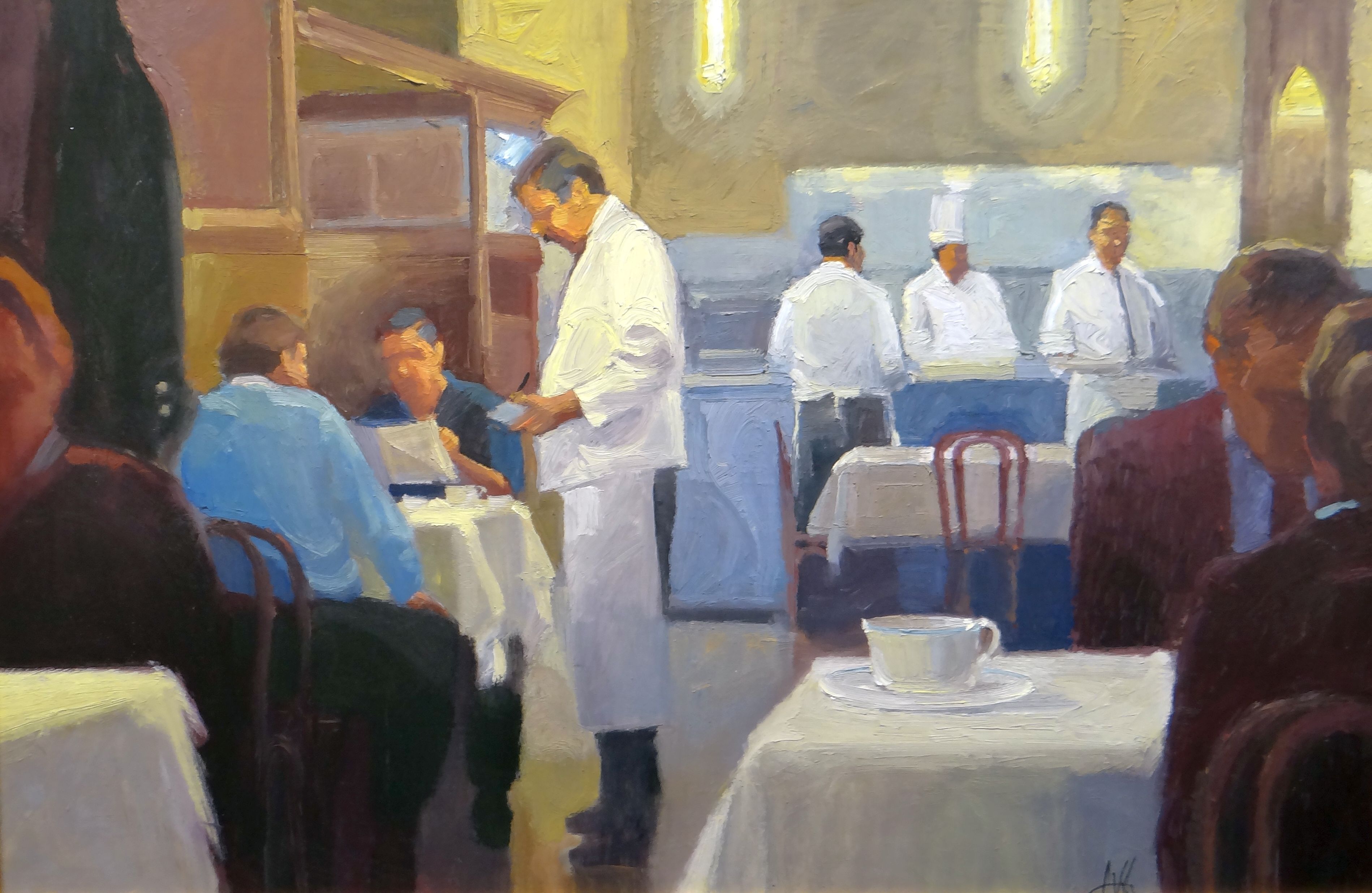 KEN AUSTER (American b. 1949) giclee canvas print - restaurant chef scene, signed, 85 x 131cms