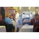 KEN AUSTER (American b. 1949) giclee canvas print - restaurant chef scene, signed, 85 x 131cms