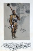 SNAFFLES coloured etching - WWI German soldier entitled 'Wipers', 42 x 30cms together with a T