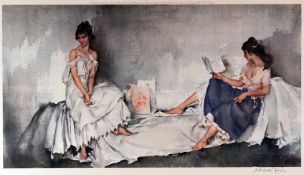 SIR WILLIAM RUSSELL FLINT print - reclining female reading together with another looking away, title