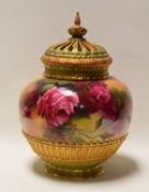 A ROYAL WORCESTER POT-POURRI with basket-weave openwork cover and base (internal lid missing)