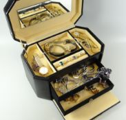 A MODERN BLACK JEWELLERY BOX & CONTENTS