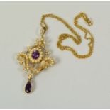 AN ANTIQUE SEED-PEARL & AMETHYST PENDANT in 9ct yellow gold on a fine necklace, 6.2gms
