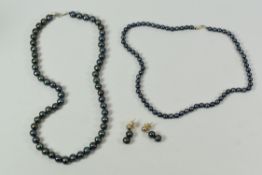 TWO NECKLACES OF BLACK PEARLS & SIMILAR EARRINGS both necklaces with clasps marked 925, 42 & 48cms
