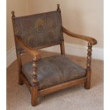 A SMALL OAK NURSING CHAIR WITH ART NOUVEAU TAPESTRY SEAT & BACK