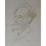 W P ROBBINS pencil drawing - head and shoulders of male smoking pipe, 15 x 12cms