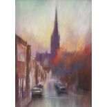 FRED FIEBER pastel - street scene with church spire, entitled verso 'St Anne Street, Autumn', signed