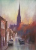 FRED FIEBER pastel - street scene with church spire, entitled verso 'St Anne Street, Autumn', signed