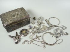 A WHITE METAL BOX & SILVER & OTHER CONTENTS including button-hook, pen-knife and jewellery etc