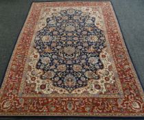 IRANIAN 100% WOOL PILE navy and red ground rug, 344 x 248cms