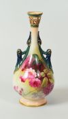 A SMALL ROYAL WORCESTER VASE with narrow pierced necked and twin-handles, painted with wild-flowers,
