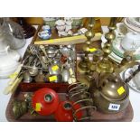 A quantity of metalware including large quantity of loose cutlery, brass candlesticks etc