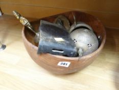 A large wooden bowl, collection of various brass and other metal Eastern figures