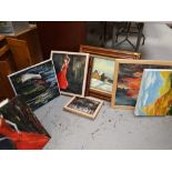A box of framed and unframed modern oils on canvas