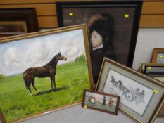 An oil on canvas of a standing horse, framed print of Dutch boys and girls by Ethel Parkinson etc