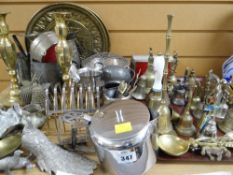 A quantity of mixed metalware, brass bells etc