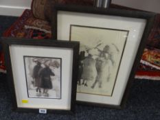 Two Gordon Stuart framed ink washes - figures with umbrellas