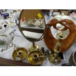 A pair of brass Arts & Crafts-style chamber pots with snuffers, a wooden sculpture, brass framed