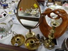 A pair of brass Arts & Crafts-style chamber pots with snuffers, a wooden sculpture, brass framed
