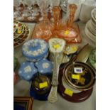 A tinted glass dressing table set, three items of Wedgwood Jasperware and sundry ornaments