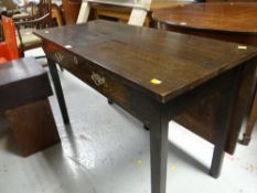 An antique stained oak side table with earlier oak drawer and brass handles