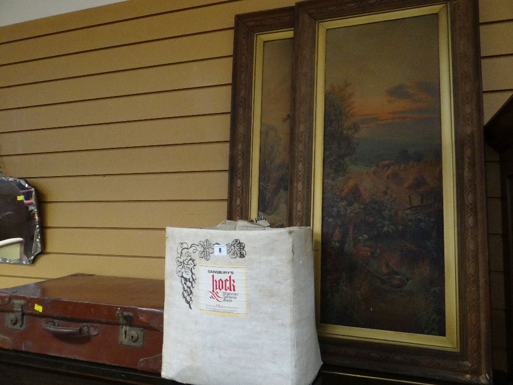A vintage suitcase, a pair of antique paintings, a box of gramophone records