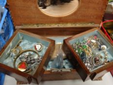 A marquetry jewellery box and contents of costume jewellery