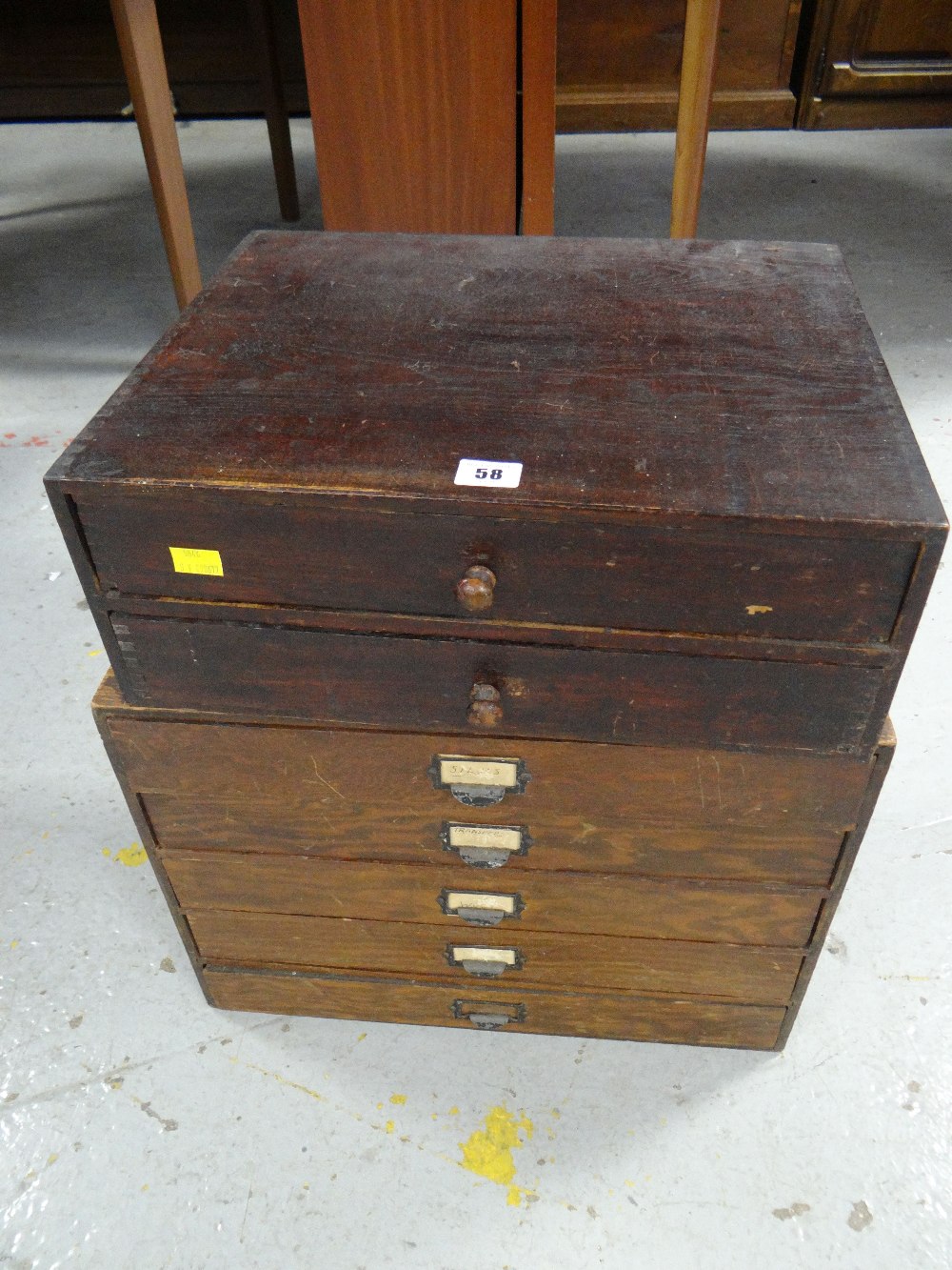 A vintage five-drawer office filing drawer and two-drawer vintage similar