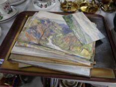 A parcel of unframed watercolours and an unframed oil on canvas of still life