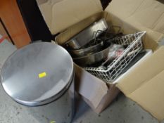 Five boxes of various kitchen equipment and electricals including stainless steel lidded bin