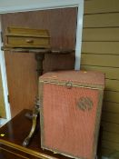 A loom linen basket, a wooden cigarette box and tripod table