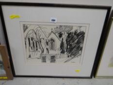 A framed pencil study of the church of St Teilio