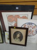 An Art Nouveau print, a print of Sonama county, a good watercolour of a girl in circular format etc