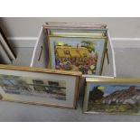 Box of framed prints and cross stitch