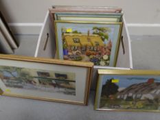 Box of framed prints and cross stitch